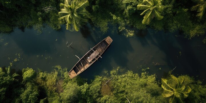 Top view to abandoned boat on the river in the forest or jungle