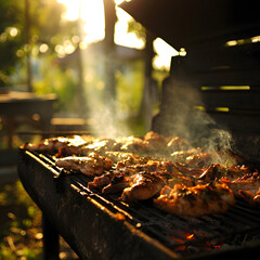 Outdoor barbecue, grill, roasted beef, sausages, summer, sunset, fun, vacation, beer, celebration	