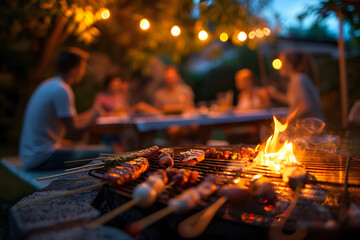 Outdoor barbecue, grill, roasted beef, sausages, summer, sunset, fun, vacation, beer, celebration	 - obrazy, fototapety, plakaty