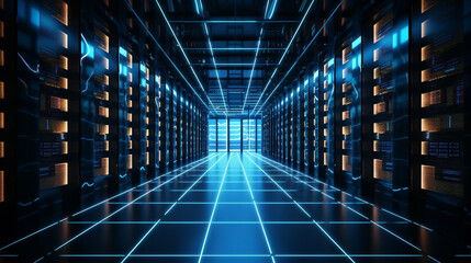Modern Data Technology data centre Server Racks in Dark Room. Visualization Concept of Data Flow, Digitalization of Internet Traffic. Complex Electric Equipment Warehouse