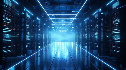 Modern Data Technology data centre Server Racks in Dark Room. Visualization Concept of Data Flow, Digitalization of Internet Traffic. Complex Electric Equipment Warehouse