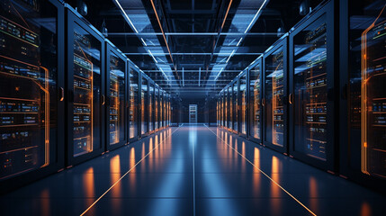 Modern Data Technology data centre Server Racks in Dark Room. Visualization Concept of Data Flow, Digitalization of Internet Traffic. Complex Electric Equipment Warehouse - obrazy, fototapety, plakaty