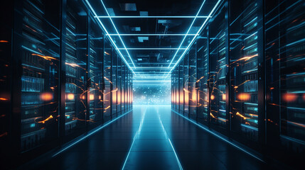 Modern Data Technology data centre Server Racks in Dark Room. Visualization Concept of Data Flow, Digitalization of Internet Traffic. Complex Electric Equipment Warehouse - obrazy, fototapety, plakaty