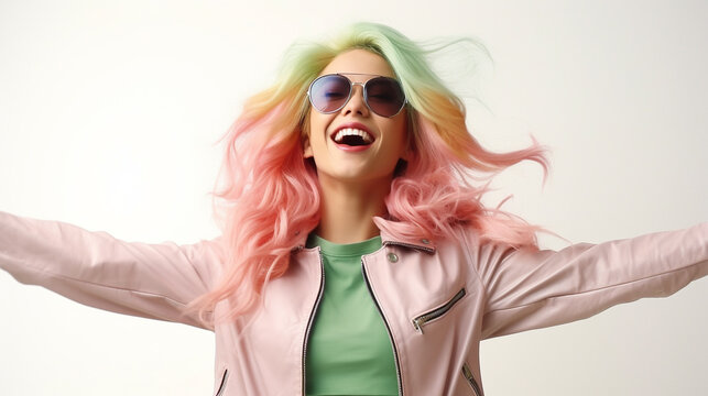 Cheeky emotional fashion young woman with long hair and trendy color jacket and sunglasses dances on white background. Playful Hipster woman having fun