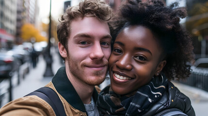A phone selfie of a young happy smiling interracial couple white man black woman outside in a downtown urban background