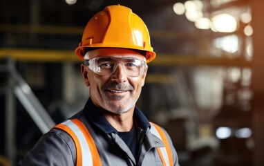 Professional smiling construction worker wearing safety uniform
