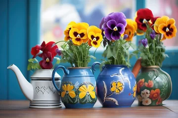 Gordijnen watering can next to colorful pots of pansies © primopiano