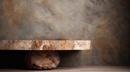 Natural stone and concrete podium in beige wall background for Empty show for packaging product presentation. Background for cosmetic products, Mock up the pedestal, brown stone podium