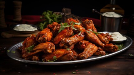 A platter of spicy chicken wings with blue cheese dressing