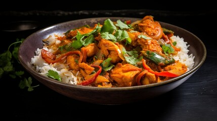 A bowl of spicy chicken and vegetable curry with basmati rice