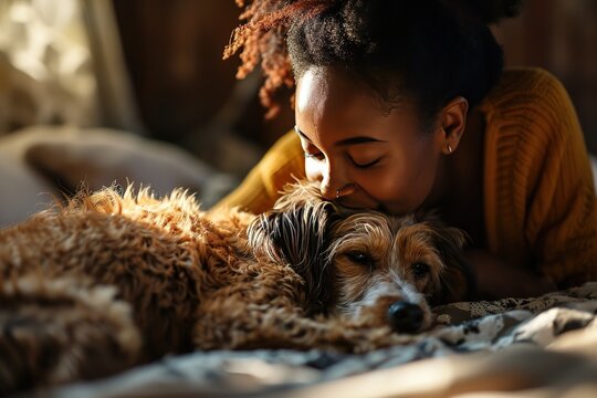 Mature Black woman playing with her pet dog in bedroom at home