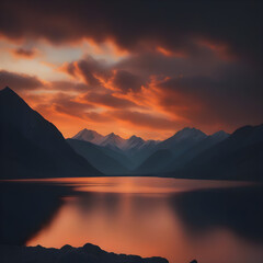 mountains and lake at orange sunset, beautiful landscape, view, nature, water, amazing sky, fluffy clouds