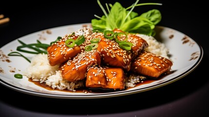 A plate of teriyaki glazed salmon with sesame seeds