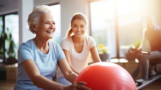 A Physical Therapist Helping an Elderly Woman Balance on an Exercise Ball,