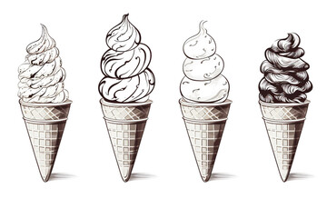 illustration of an ice cream set. Different types and tastes of cold desserts cups cones soft serve bars sticks popsicles frozen juice in waffles and on sticks. Vintage hand-drawn style generative ai - obrazy, fototapety, plakaty