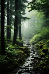 Mystical foggy forest path with a small river flowing through it