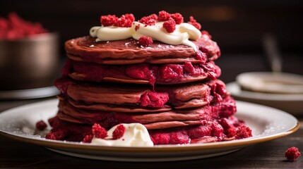 A stack of red velvet pancakes with cream cheese frosting