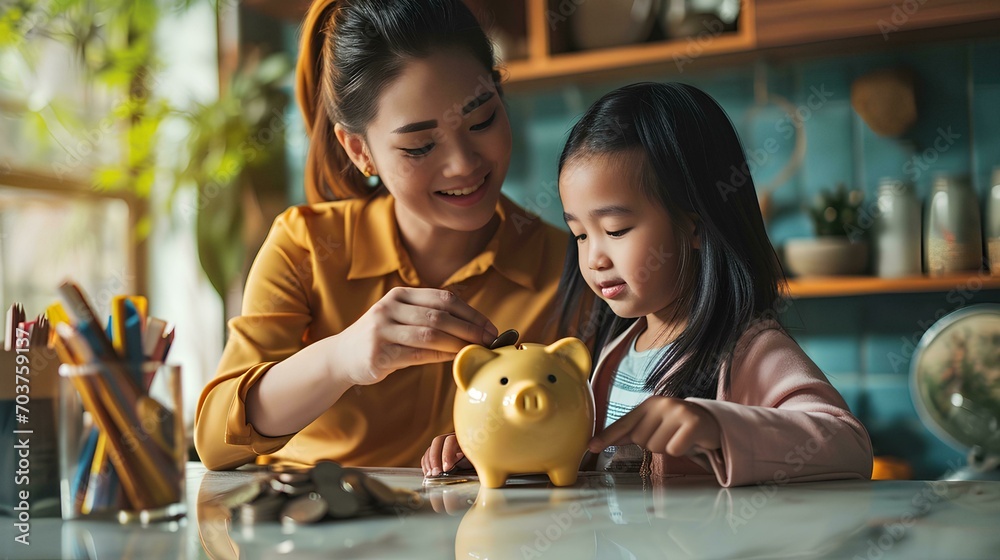 Wall mural mother and child saving money in piggy bank