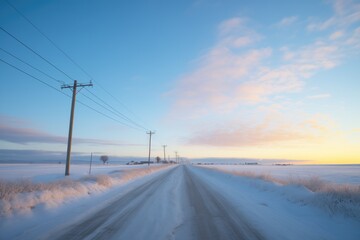dawn light on a solitary road through snowfields