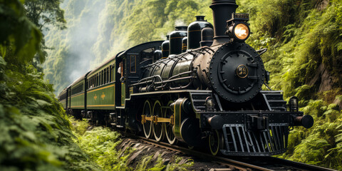 Obraz premium Vintage steam locomotive exiting a tunnel into a lush mountain landscape, evoking travel and adventure from a bygone era