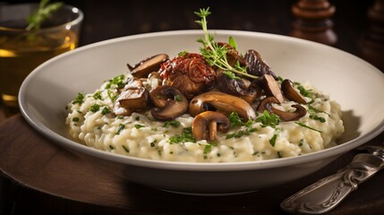A bowl of creamy wild mushroom risotto with truffle oil