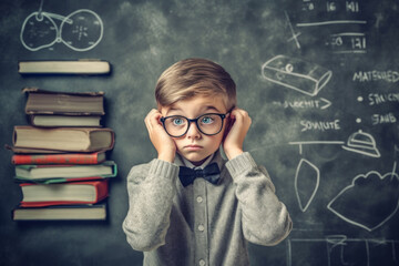 Cute schoolboy with glasses and books on the chalkboard background