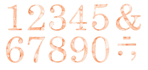 Watercolor illustration collection of peach numbers from 1 to 0. And sing &. Hand painted drawing on background, isolated elements for creative design, sticker, invitation, save the date card.