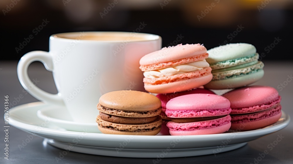 Poster generative ai close-up of macaron assortment and coffee cup