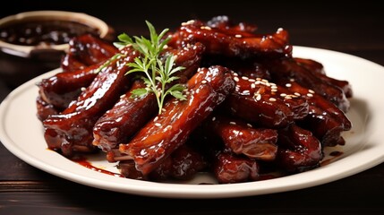 A plate of honey garlic glazed pork ribs