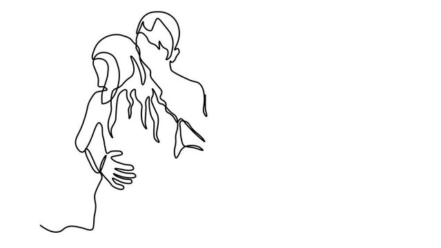 Self drawing animation with one continuous line draw,
a man and a woman hug each other and the inscription I love you