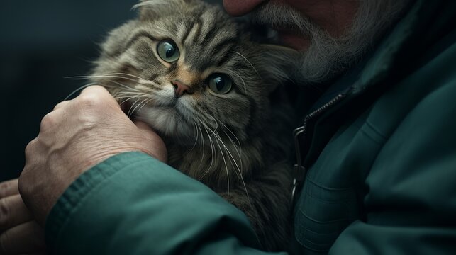 Generative AI Close-up photograph of a veterinarian comforting a nervous cat, calming gestures, clinic setting visible