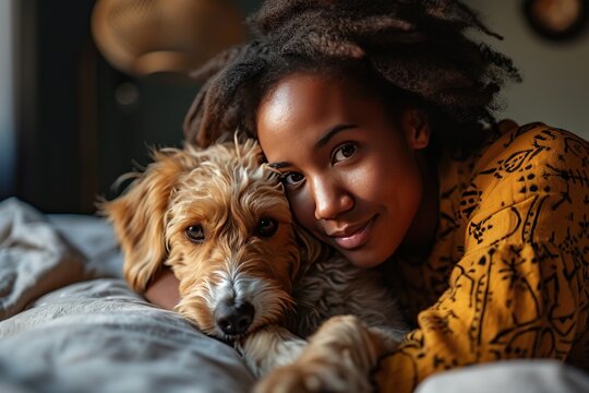 Mature Black woman playing with her pet dog in bedroom at home