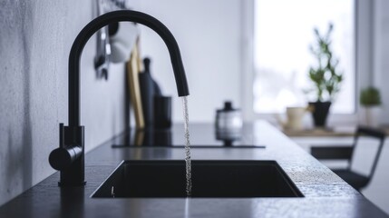 Generative AI Contemporary black matte kitchen faucet, minimalistic design, clean lines, water...