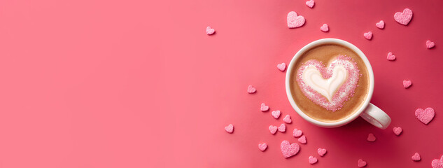 Coffee cup with pink heart made of milk and sprinkles on pink cute background.  Banner for coffee house, cafe, restaurant, Valentine's Day, Women's Day, Mother's day panoramic header. Generative AI.