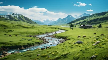 Cows grazing in a lush green valley with snow-capped mountains in the distance