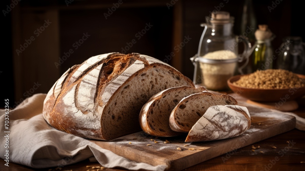 Poster generative ai crusty whole grain artisan bread, depicting the art of baking with detailed scoring an