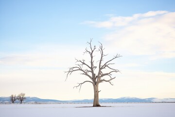 lone dead tree silhouette with snowy flatland