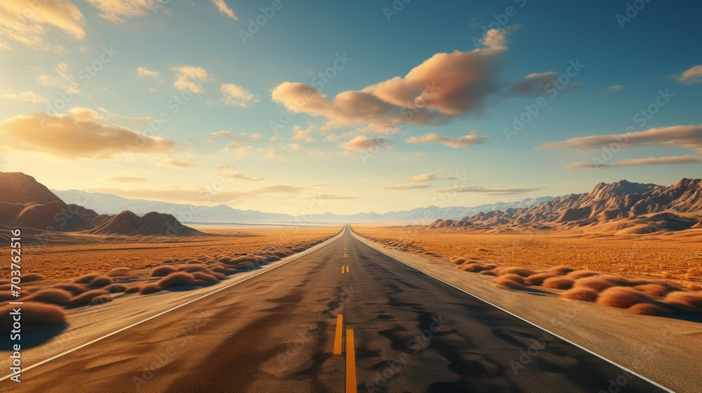 Poster Generative AI Deserted Highway Leading Away ::1 photo portraying an aerial perspective of an empty highway extending into the arid desert landscape --ar 16:9 --stylize 250 --v 5.2 Job ID: 5eee8437-850