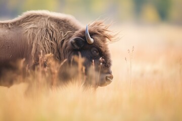 bison shaking off dust near prairie grasses