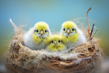 young budgerigars with fluffy feathers in a nest