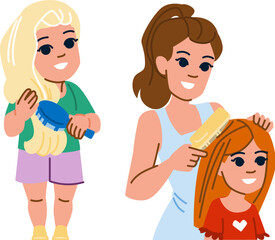 mom hair brush kid girl vector. comb child, mother daughter, beauty mum mom hair brush kid girl character. people flat cartoon illustration