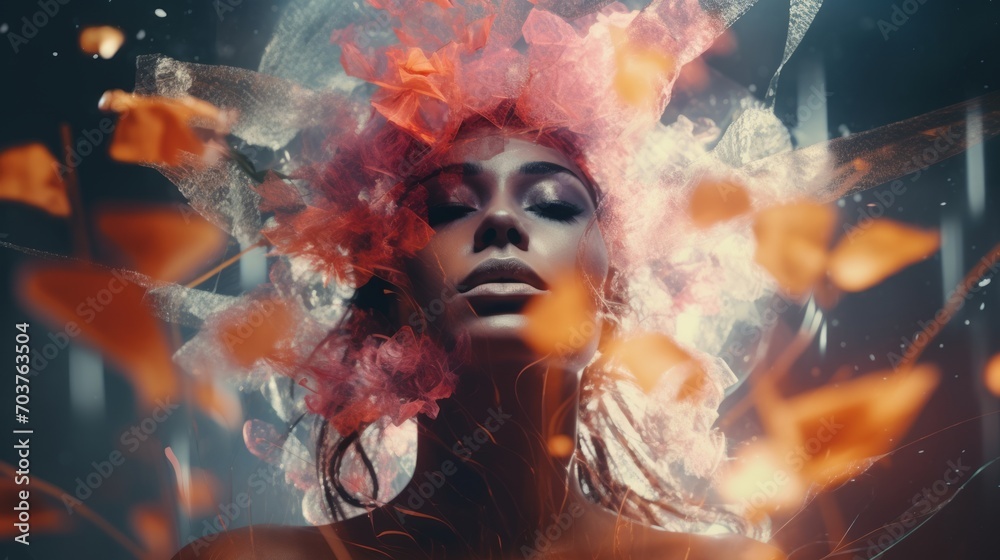 Poster generative ai digitally altered photographs creating an abstract collage-style background. woman por