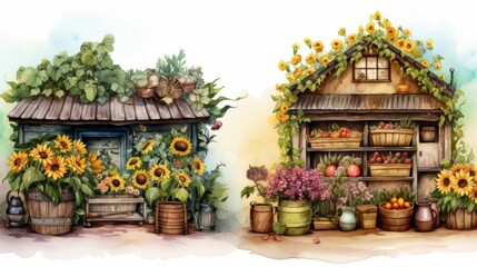 Generative AI Digital miniatures of bee colonies and vibrant floral gardens, depicted in an atmospheric watercolor style with grocery art-inspired details. - obrazy, fototapety, plakaty
