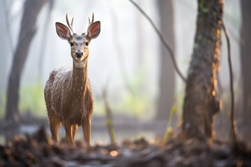 dew-covered bushbuck at dawn in misty woods - obrazy, fototapety, plakaty