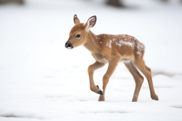 caribou calf taking first steps on snow