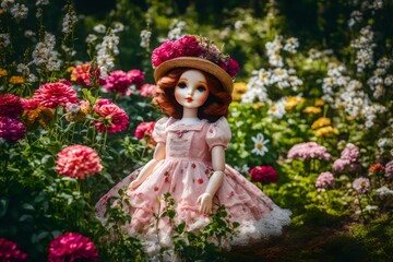 sweet lady doll in flower garden  beautiful flowers