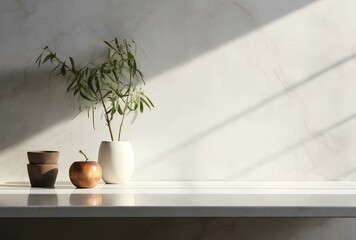 Marble countertop with plant on bokeh background, 3d render
