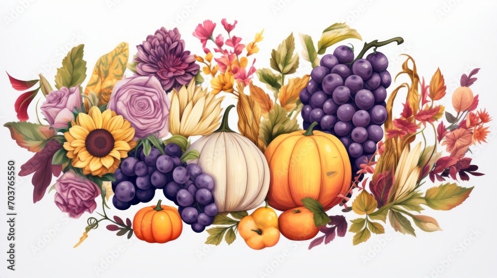 Poster generative ai feminine sticker art set portraying a cornucopia centerpiece in an atmospheric waterco