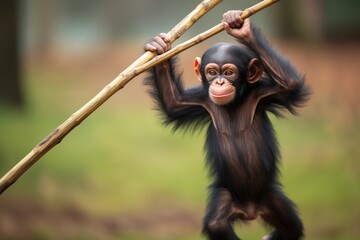 chimp using a stick as a weapon in play