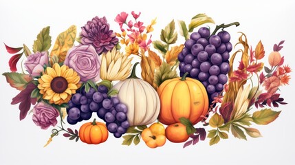 Generative AI Feminine sticker art set portraying a cornucopia centerpiece in an atmospheric watercolor style, filled with harvest produce and adorned with cottagepunk elements.